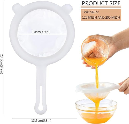 2PCS Plastic Fine Mesh Strainer, Nylon Ultra Strainer for Juice,Yogurt, Coffee, Honey, Milk, Nut Milk with Handle (120+200Mesh)