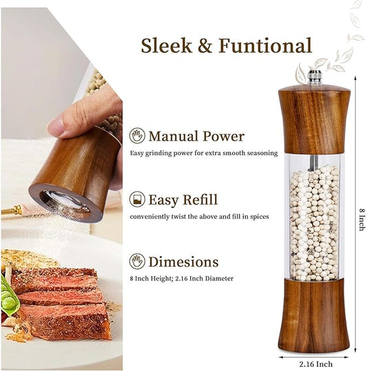 Acacia Wood Premium Acrylic Salt and Pepper Grinder Set 8 Inches Salt and Pepper Mill Set, Manual Mills- Wooden Shakers with Adjustable Ceramic Core 2 Pack for Kitchen Home Gift