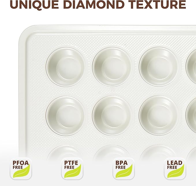 HONGBAKE 24 Cup Nonstick Ceramic Mini Muffin Pan, Non-toxic Mini Cupcake Pans, Muffin tin for Baking, Heavy-duty Aluminized Steel Cupcake Tray with Diamond Texture, Easy To Clean, Cream