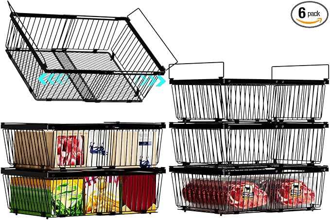 Large Freezer Organizer Bins，Upgraded Bottom Leak-Proof net，6 Pack， Expandable Stackable Chest Freezer Containers with Handle，for Fridge, Deep Freezer, Cabinet, Kitchen, Pantry (Black-6Pack)