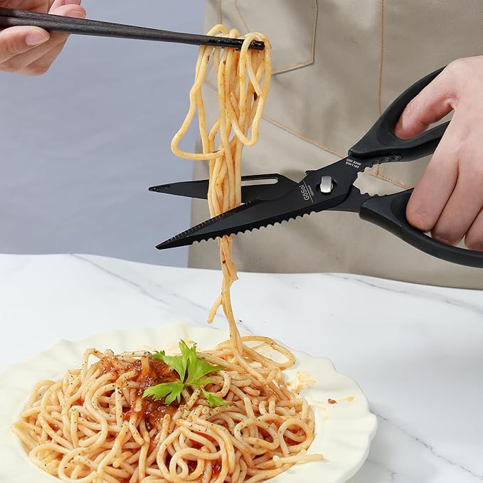 Kitchen Shears Kitchen Scissors Come Apart with Serrated Blade Premium Black Titanium Plated Stainless Steel Kitch Scissors for Food Heavy Duty Chicken Bone Nutcracker Bottle Can Opener 01A