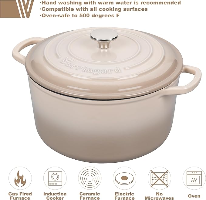 VORRINGARD Enameled Cast Iron Dutch Oven Pot with Lid, for Sourdough Bread Baking, Round Dutch Ovens, 4.5 Quart, Latte
