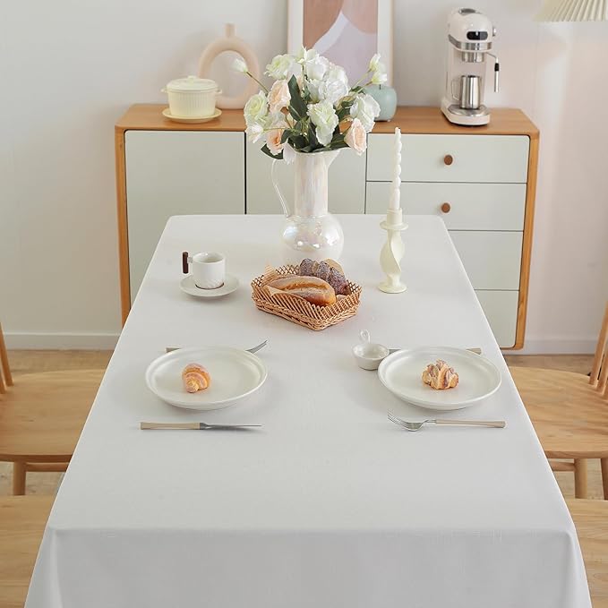 Alsoo Textured Table Cloth for Rectangle Tables 60×75 Inch Waterproof Linen Table Cloth Spill Proof and Wrinkle Free Table Cover for Dining Table,Farmhouse Kitchen, Parties and Holidays,White