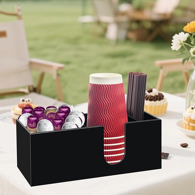 Coffee Bar Accessories and Organizer, Disposable Cup Holder for Countertop, Black Acrylic Storage and Organization for Cup Lid Stirrers Pod, Farmhouse Table Décor