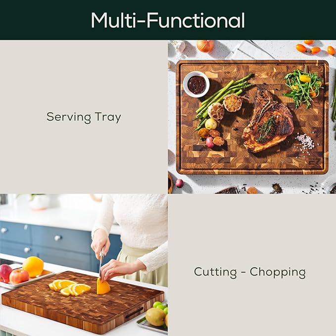 EZ FURNITURE Medium (M) Teak Wood Premium Cutting & Serving Board, Knife Friendly, Pre-Oiled End Grain with Juice Groove & Handles, Non-Toxic (17" x 13" x 1.5", 8.38 lbs)