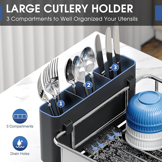 Stainless Steel Dish Drying Rack - Large Capacity Kitchen Counter Organizer with Drain Board, Utensil Holder & Detachable Cup Shelf, Surgical-Grade Rust-Proof Dish Drainer, Easy Assembly
