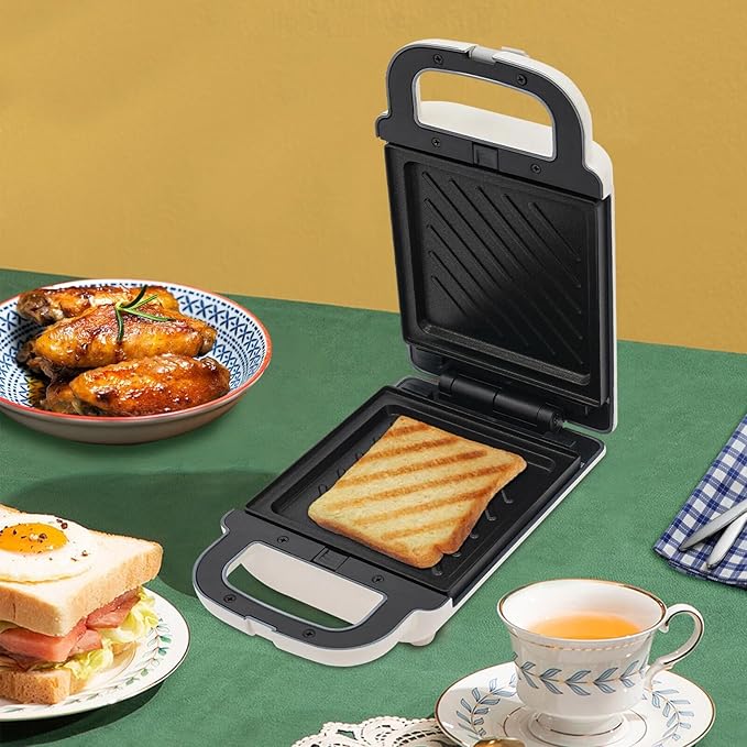 Electric Portable Sandwich Maker, Waffle Breakfast Machine & Panini Presses, Perfect for Cooking Grilled Cheese, Tuna Melts, Burgers, Steaks and Snacks (White)