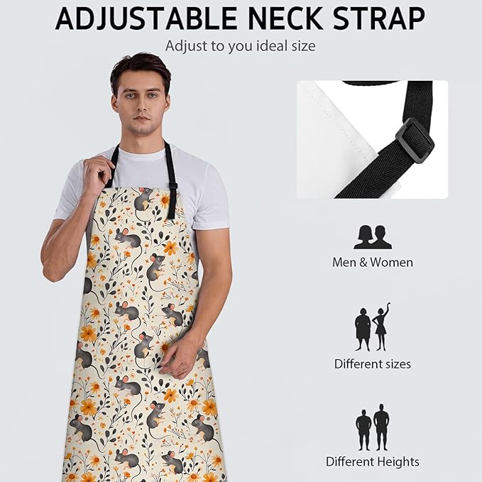 Cute Mouse Apron, Adjustable Kitchen Mice and Orange Floral Aprons with Pockets for Cooking BBQ Gardening, 28×33 IN, Holiday Gifts for Women Men Wife, for Chef Baking, Oxford Fabric