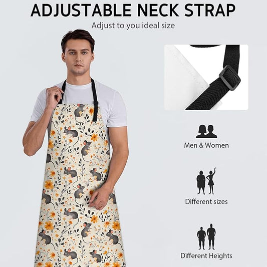 Cute Mouse Apron, Adjustable Kitchen Mice and Orange Floral Aprons with Pockets for Cooking BBQ Gardening, 28×33 IN, Holiday Gifts for Women Men Wife, for Chef Baking, Oxford Fabric