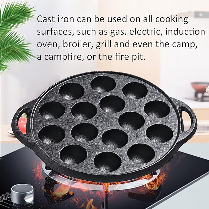 WUWEOT Non-Stick Takoyaki Pan, 1.5" Diameter Pre-Seasoned Cast Iron Octopus Ball Grill