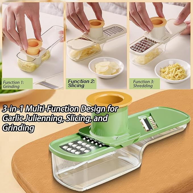 2Pcs Mini Garlic Slicers, Multifunctional Garlic Grinder, 3 in 1 Ginger Garlic Grater with Hand Guard, Multi-Functional Mandoline Slicer Container, Veggie/clove/Ginger Shredders