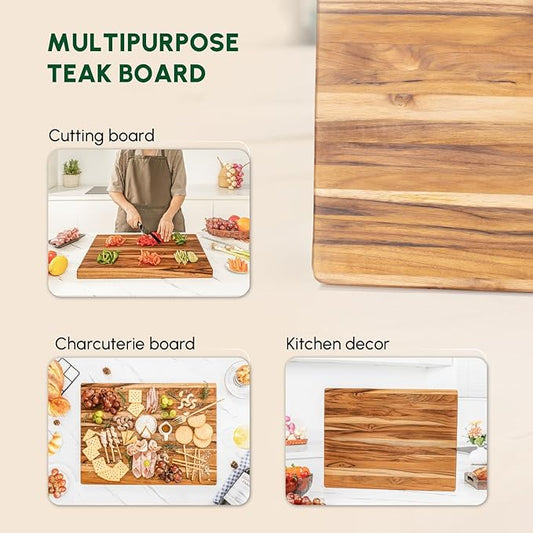 BEEFURNI Teak Wood Cutting Board with Hand Grip (M, 20x15x1.25"), Large Wooden Cutting Boards for Kitchen, Chopping Board Wood, Butcher Block, Charcuterie Board, Christmas Gifts, 1-Year Warranty