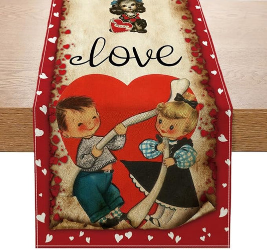 Vintage Valentine's Day Table Runner Valentines Decorations - Red Love Vintage Style Boys and Girls Valentines Day Anniversary Home Kitchen Dining Table Decor, Valentines Party Decor 13 x 72 Inch