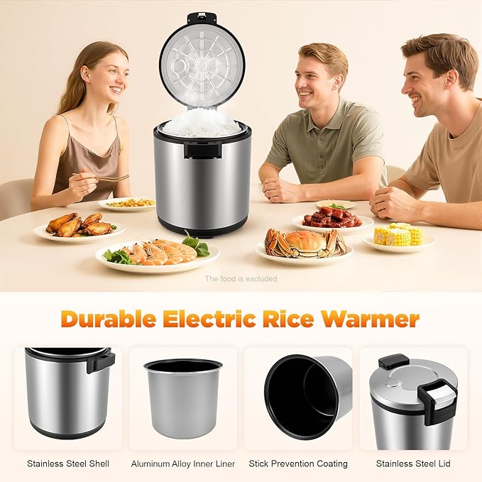 Commercial Rice Warmer, 6 Gal Stainless Steel Electric Rice Warmers with Spoon Good Heat Dissipating and 2 Temperature Settings Flip Lid with Lock Cylindrical Rices Warmer for Home Keep Food Warm Etc