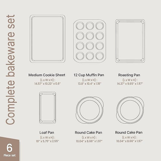 BAKKEN 6-Piece Kitchen Baking Pan Set - Commercial Grade Carbon Steel Bakeware, With Nonstick Coating, Stackable and Space-saving Design, PFOA, PFOS, PTFE Free, Oven Safe Tray (Up To 450°F), Brown