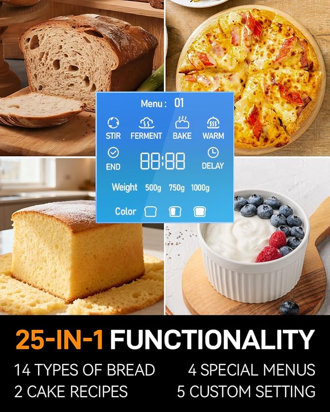 25-IN-1 Bread Maker with Recipes, 2lb Automatic Bread Machine with Visible Lid, Automatic Nut Dispenser/One-Touch Control/13 Hours Delay Timer, Easy to Begin and High Success Rate for Homemade Bread