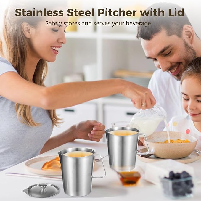 Stainless Steel Pitcher with Lid, 32 oz Measuring Cups with Dual-Scale Markings, Milk Frothing Jugs, Large Beakers for Espresso Machine, Hot/Cold Water, Latte Art, Iced Tea