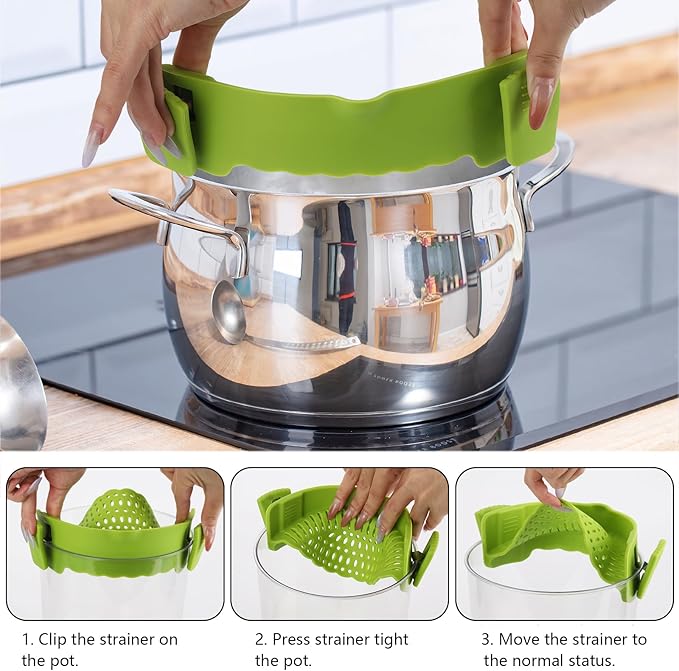 3 Pcs Silicone Clip-on Food Strainer Pasta Strainer for All Pots and Pans, Kitchen Colander for Noodle, Vegetables, Meat, Fruit, Spaghetti