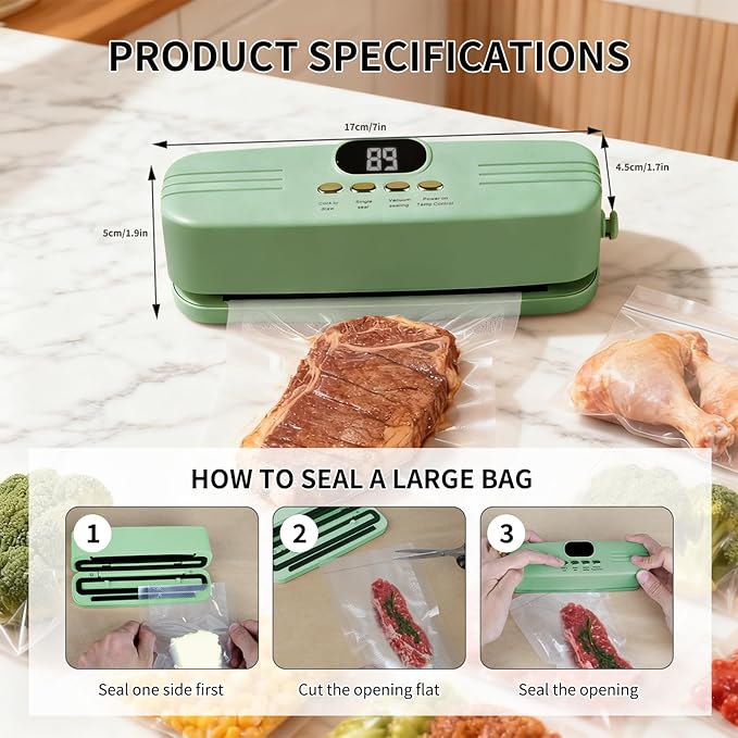 Vacuum Sealer Machine For Food, Mini Cordless Vacuum Sealer, 3-in-1 Portable Vacuum Sealer with 4 Snack Bags, 1 Storage Bag, 1 Inflation Pump, 1 Needle & 1 Nozzle (Green)