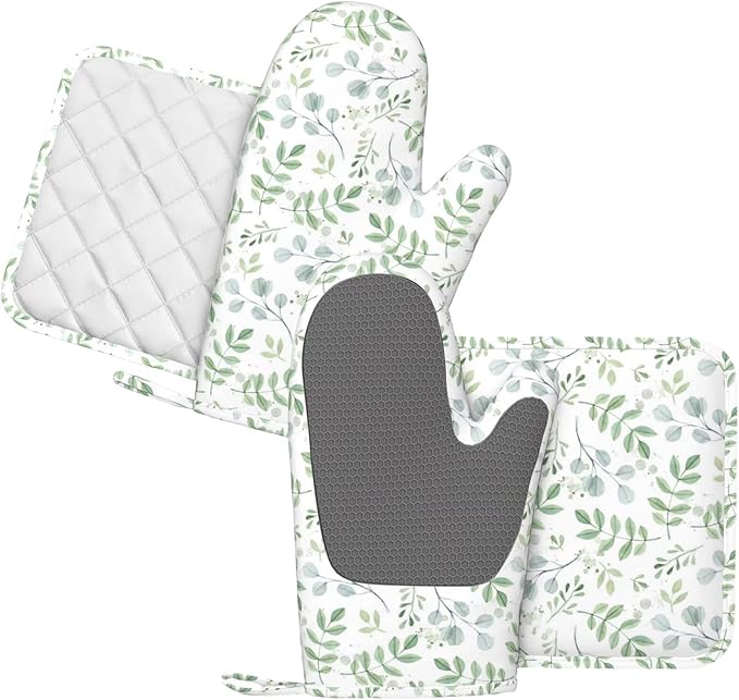 Blue Eucalyptus Silicone Oven Mitts and Pot Holders Sets Green Branches Watercolor Kitchen Mitts Potholder Kitchen Accessories for Cooking Baking BBQ
