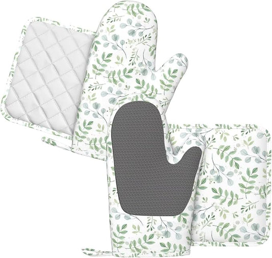 Blue Eucalyptus Silicone Oven Mitts and Pot Holders Sets Green Branches Watercolor Kitchen Mitts Potholder Kitchen Accessories for Cooking Baking BBQ