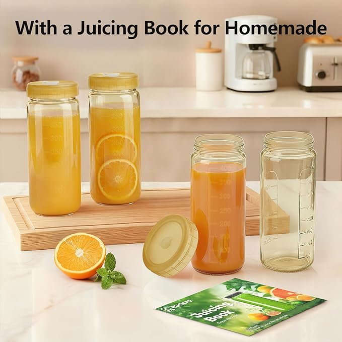 Ruckae 16oz 10 Pack Glass Juice Bottles with Dual Scale, Reusable Glass Bottles with Hole Lids and Straws Mason Jar for Juicing, Smoothies, Kombucha - Water Bottle for Fridge or Gym (Gold)