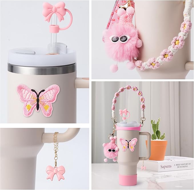Stanley Cup Accessories Set I Water Bottle Handle Strap, Silicone Cup Boot, Lipstick Holder, Keychain Charms & Handle Charms,Straw Topper Accessories for Stanley Cups 40oz/30oz