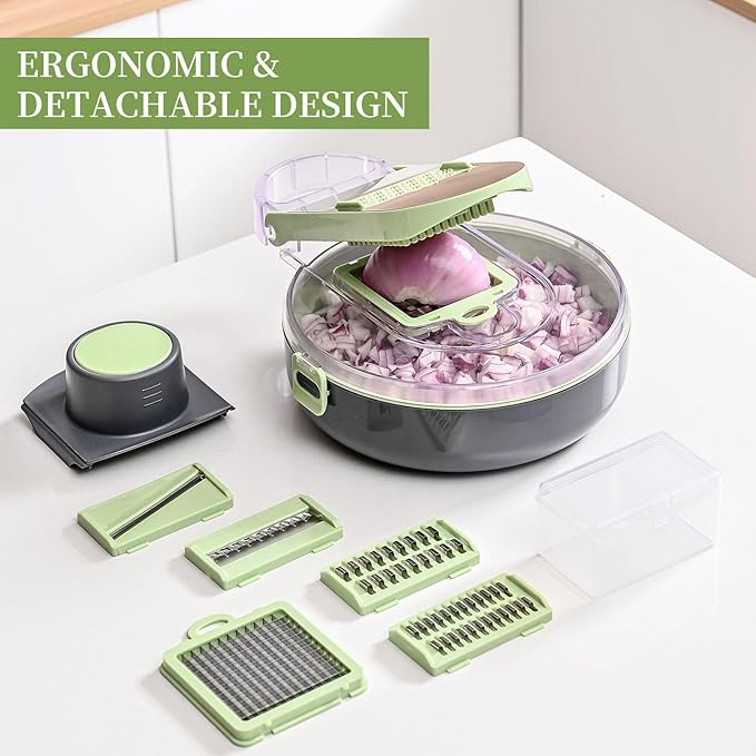 Vegetable Chopper, Onion Chopper, Mandoline Slicer, 9 in 1 professional Veggie Chopper and Slicer, Cucumber Slicer, Potato Slicer, Dicing Machine, Adjustable Veggie Chopper with Container and Lid