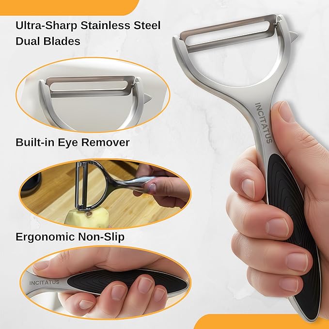 INCITATUS Vegetable Peeler – Ultra Sharp Stainless Steel Potato & Fruit Peeler, Ergonomic Non-Slip Handle, Swivel Blade for Potatoes, Carrots, Cucumbers & Apples, Kitchen Peeling Tool