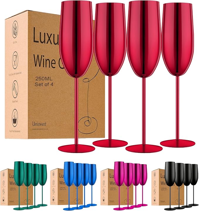 Stainless Steel Champagne Flutes Set of 4-Wedding &Birthday Gifts,8.5 Oz Unbreakable Champagne Glass with Long Stem,Reusable Indoor Outdoor Drinkware (Red)