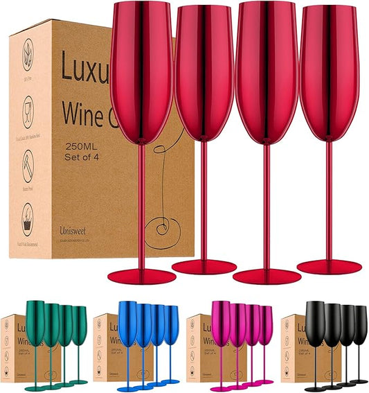 Stainless Steel Champagne Flutes Set of 4-Wedding &Birthday Gifts,8.5 Oz Unbreakable Champagne Glass with Long Stem,Reusable Indoor Outdoor Drinkware (Red)