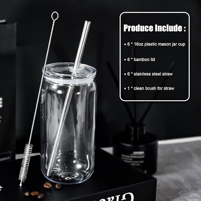 16oz Acrylic Mason Jar Cups, Clear Cups with Plastic Lids and Straws, Iced Coffee Cup Drinking Glass Tumbler for Whiskey, Soda, Tea, Juice, Gift, 6pcs