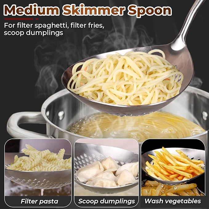 MARTE Skimmer Slotted Spoon Set of 4 - Kitchen Pasta Strainer Spoon - Spider Strainer Skimmer Ladle Spoon with Holder for Cooking and Frying Food, Spaghetti, Vegetable, Dumpling - 14.8In,16.5In,17In