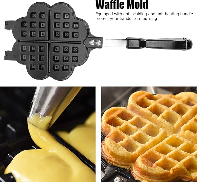 Waffle Maker, Aluminium Alloy Non Stick Stovetop Waffle Maker Pan with Long Handle Portable Cake Mold Baking Tray for Sandwich Breakfast Snacks