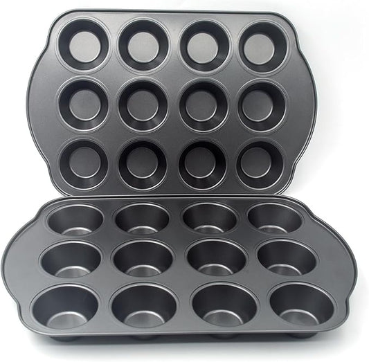 Bakexcel Non-Stick Standard Muffin Pans, 2.95" 12-Cup Set of 2 Baking Pans, Heavy Duty Carbon Steel Tins for Standard Muffins & Cupcakes