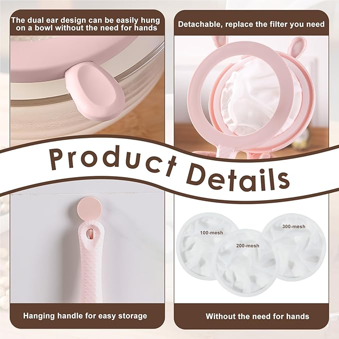 3-in-1 Fine Mesh Filter Kit with Detachable Sieve, 100/200/300 Mesh Filter with Pink Handle, Interchangeable Nylon Filter for Coffee, Tea, Nuts, Milk Juice, Fine Mesh Food Grade PP Frame（Pink）