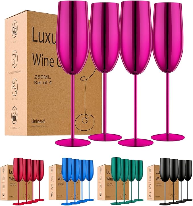 Stainless Steel Champagne Flutes Set of 4-Wedding &Birthday Gifts,8.5 Oz Unbreakable Champagne Glass with Long Stem,Reusable Indoor Outdoor Drinkware (Purple)