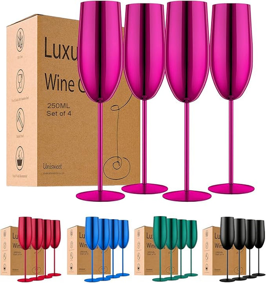 Stainless Steel Champagne Flutes Set of 4-Wedding &Birthday Gifts,8.5 Oz Unbreakable Champagne Glass with Long Stem,Reusable Indoor Outdoor Drinkware (Purple)