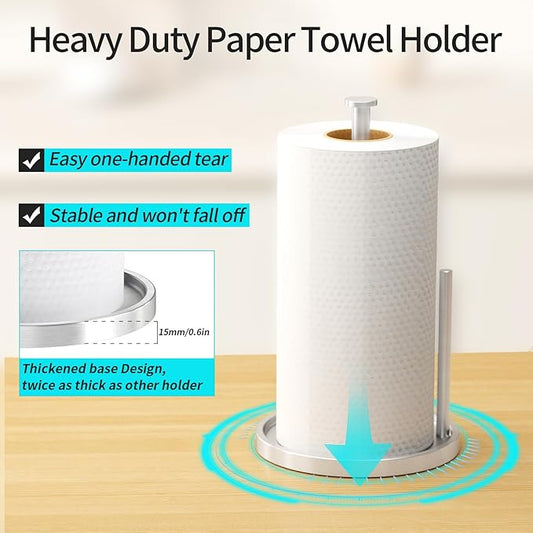 Paper Towel Holder Countertop, Standing Paper Roll Holder with Anti Slip Weighted Base, Stainless Steel Freestanding Paper Towel Holder for Kitchen, Silver