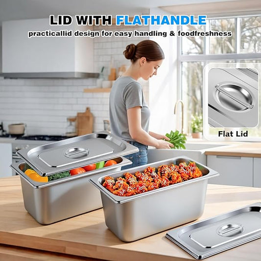 West Bay 6 Pack Hotel Pans with Lids, 1/3 Size 6-Inch Deep Stainless Steel Steam Table Pans, Metal Food Pans for Catering, Buffet, Restaurant & Kitchen Storage
