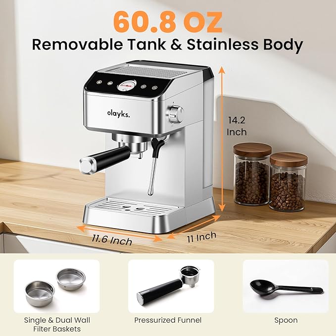 olayks. Espresso Machine 20 Bar, Brush Stainless Steel Espresso Maker with Milk Frother Steam Wand, 1400W Espresso Coffee Machine with 1.8L Removable Water Tank for Latte, Cappuccino,Machiato