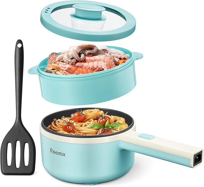 Hot Pot Electric With Steamer, 1.6L Ramen Cooker Non-Stick Sauté Pan for Steak, Egg, Fried Rice, Ramen, Oatmeal, Soup, Portable Personal Perfect Suit Dorm Room and Apartment (Aqua)