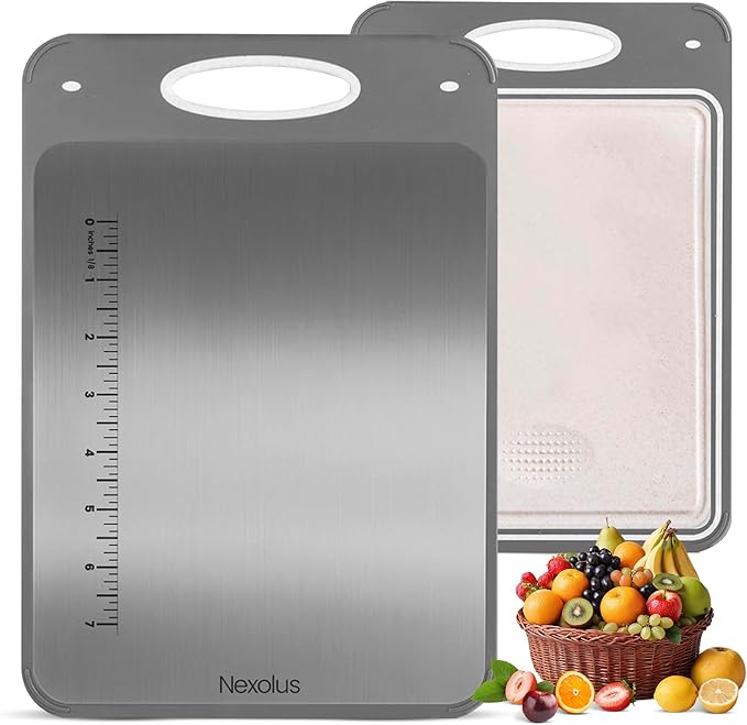 Nexolus 2 Pack Titanium Cutting Board Set, Large Double Sided - 16x11" + 14x9" - Stainless Steel Cutting Board for kitchen with Deep Juice Groove, Built-In Measurement Scale & Easy to Clean
