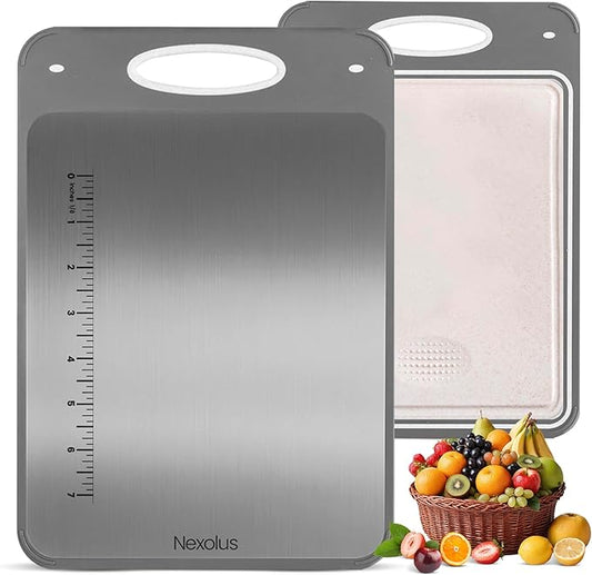 Nexolus 2 Pack Titanium Cutting Board Set, Large Double Sided - 16x11" + 14x9" - Stainless Steel Cutting Board for kitchen with Deep Juice Groove, Built-In Measurement Scale & Easy to Clean