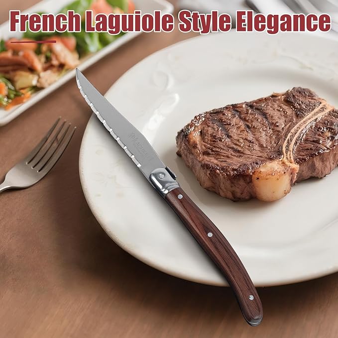 Laguiole Style Steak Knives Set of 6, Serrated Stainless Steel Steak Knife Set, Elegant French Design, Dishwasher Safe, Gift Box for Dinner & BBQ (wood-8)