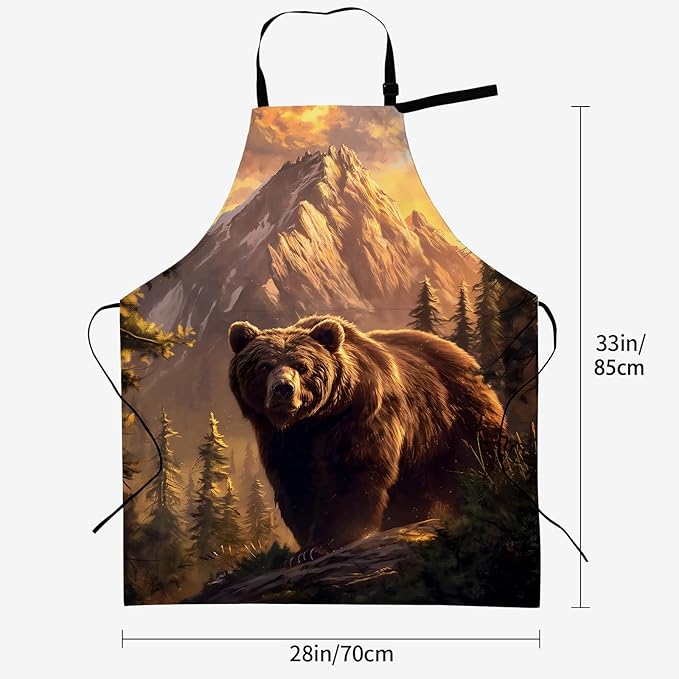 Wilderness Bear Apron for Women, 28x33in, Kitchen Chef Aprons with 2 Pockets, Polyester, Bear with Mountain Apron for Cooking BBQ Baking Gardening Chef, Gifts for Mom Wife Dad