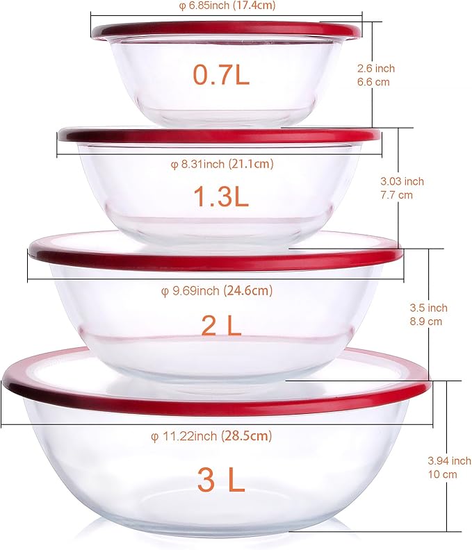 HUSANMP Glass Mixing Bowl with Lids Set, 8 PCS Glass Salad Bowls for oven. Microwave and Dishwasher Safe (0.7L + 1.3L + 2L + 3L)