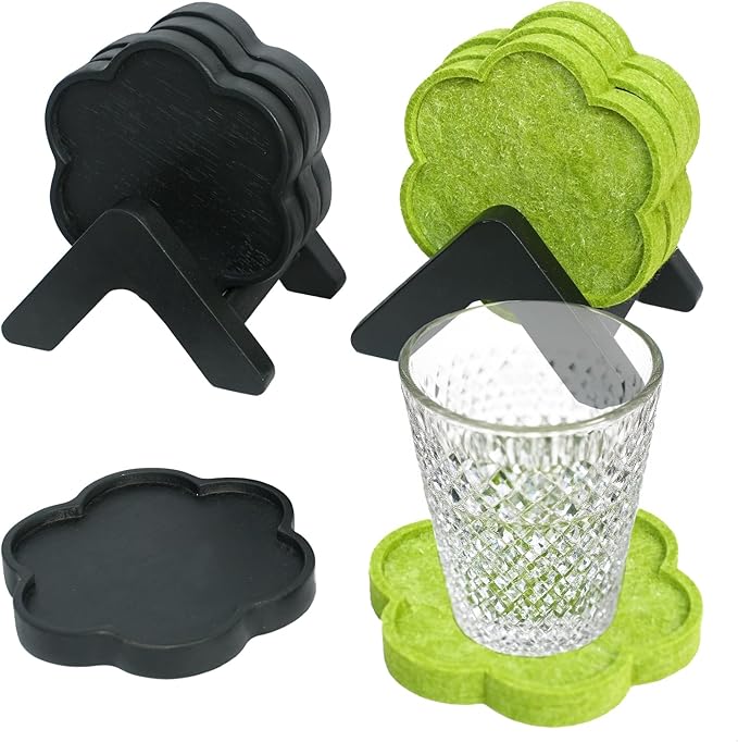 8-Piece Acacia Wood & Absorbent Felt Coaster Set with Stand, Decorative Flower Design - 4" Minimalist Drink Holders for Cold & Hot Drinks, Rustic Modern Decor for Bar & Office - Black