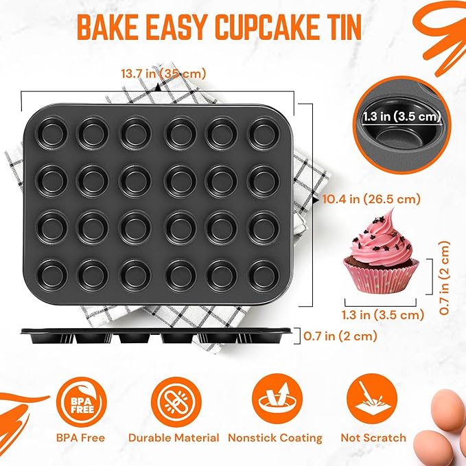 Flexzion Muffin Tray Cupcake Baking Pan 2 Pack, 24-Cup Nonstick Carbon Steel Muffin Tins Non-Stick Cupcake Tin Bakeware Accessories for Baking Cupcakes Muffin Brownies Snacks, Easy Clean, Fridge Safe