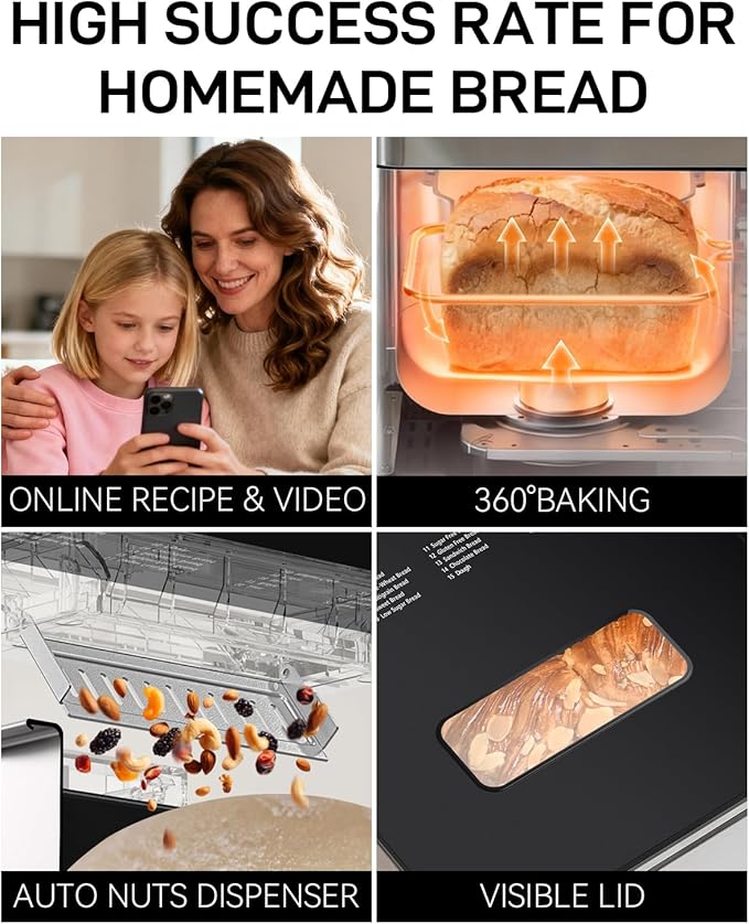 25-IN-1 Bread Maker with Recipes, 2lb Automatic Bread Machine with Visible Lid, Automatic Nut Dispenser/One-Touch Control/13 Hours Delay Timer, Easy to Begin and High Success Rate for Homemade Bread